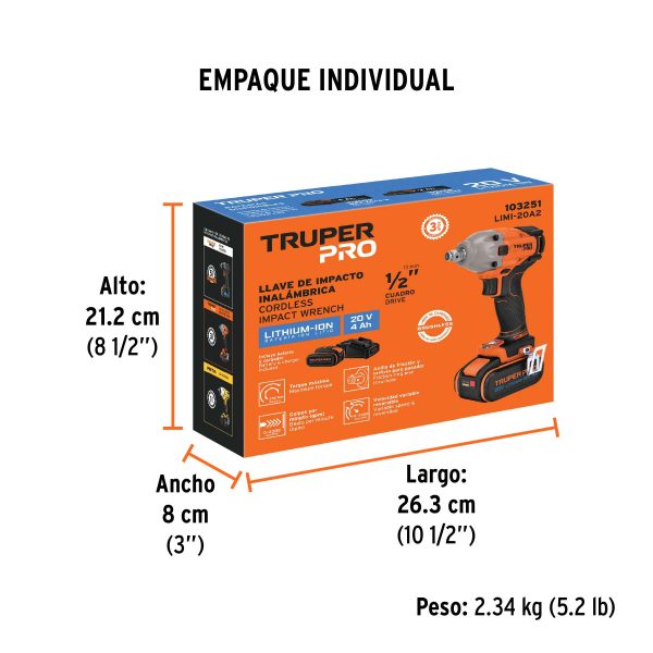 Llave de impacto 1/2", 20V, 184 lb/ft, 1 batería 4Ah, PRO