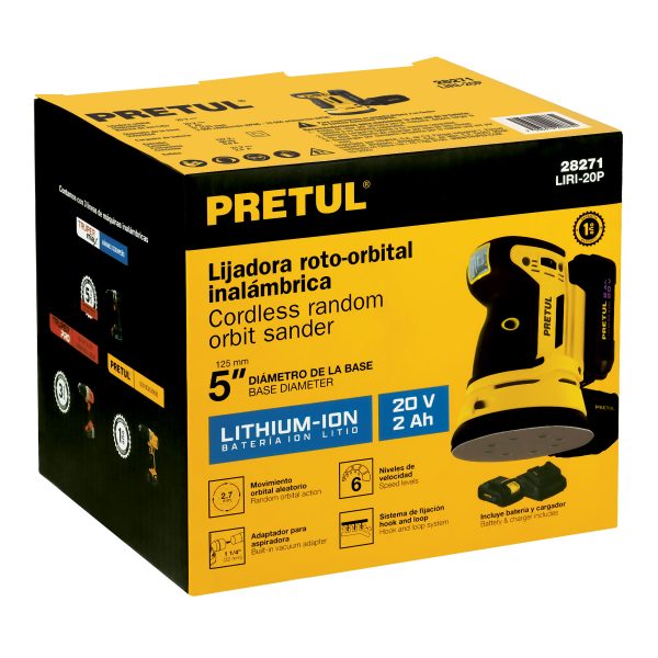 Lijadora roto-orbital 5", 20V, 1 batería 2Ah, PRETUL