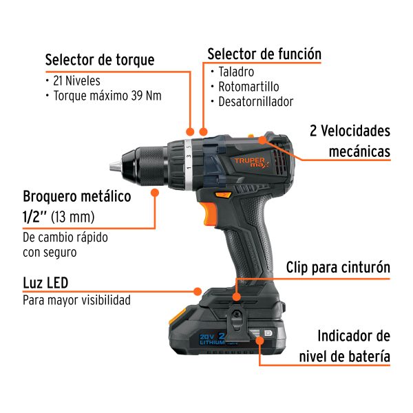 Rotomartillo 1/2", 20V, 2 baterías 2Ah, MAX