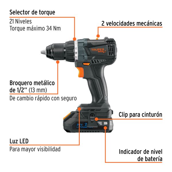 Taladro inalámbrico 1/2", 20V, sin carbones (MAX-20T)