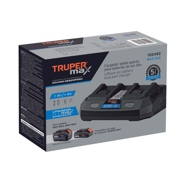 Cargador dual de baterías de ion litio 20V, TRUPER MAX