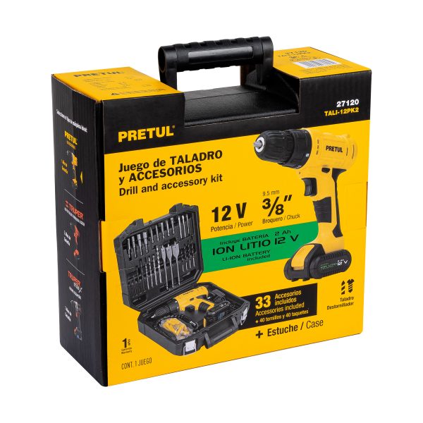 Kit taladro 3/8", 12V, 33 accesorios, en estuche, PRETUL