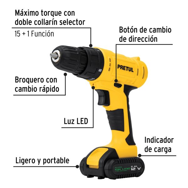 Kit taladro 3/8", 12V, 33 accesorios, en estuche, PRETUL
