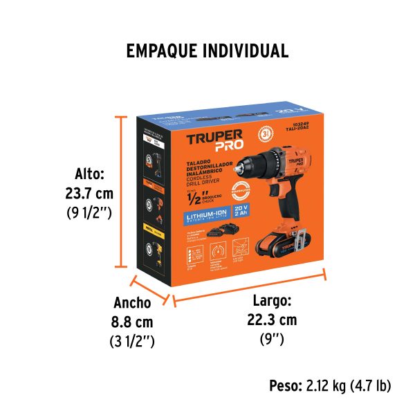 Taladro 1/2", 20V, 1 batería 2Ah, TRUPER PRO