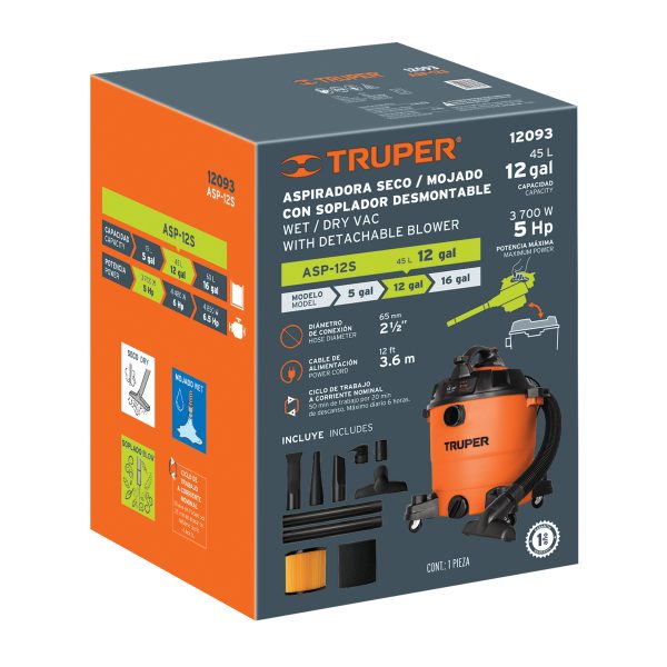 Aspiradora sólidos y líquidos, 12 gal, soplador desmontable