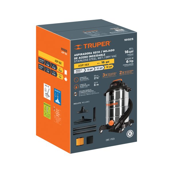 Aspiradora de sólidos y líquidos, 16 gal, acero inox, Truper