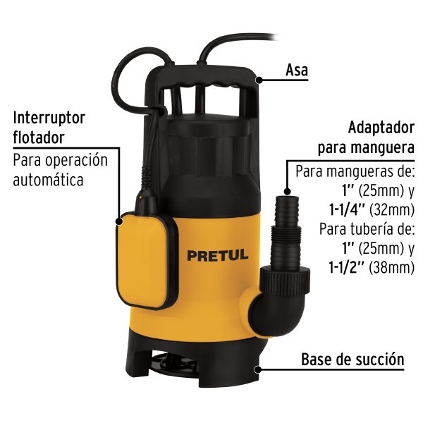 Bomba sumergible plástica, 1-1/2 HP para agua sucia, Pretul