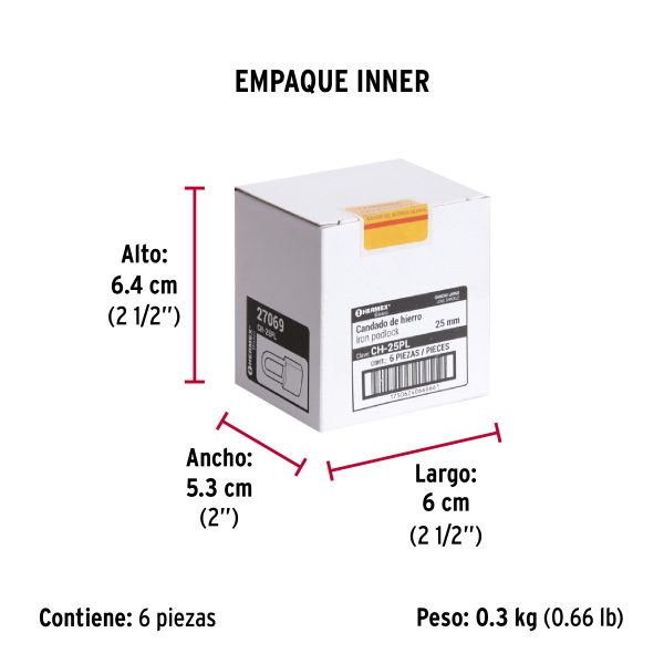 Candado de hierro color latón 25 mm, largo, caja, BASIC