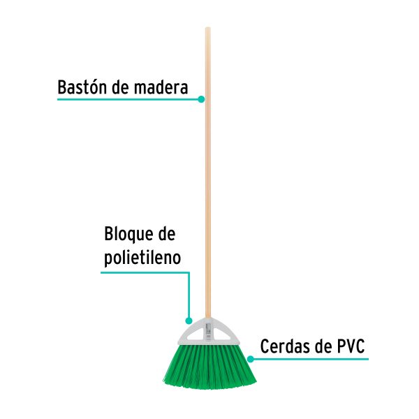 Escoba grande tipo abanico, cerdas de PVC, bastón de madera
