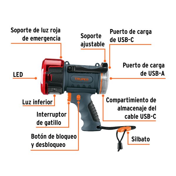 Linterna reflectora LED 2000 lm, recargable, TRUPER
