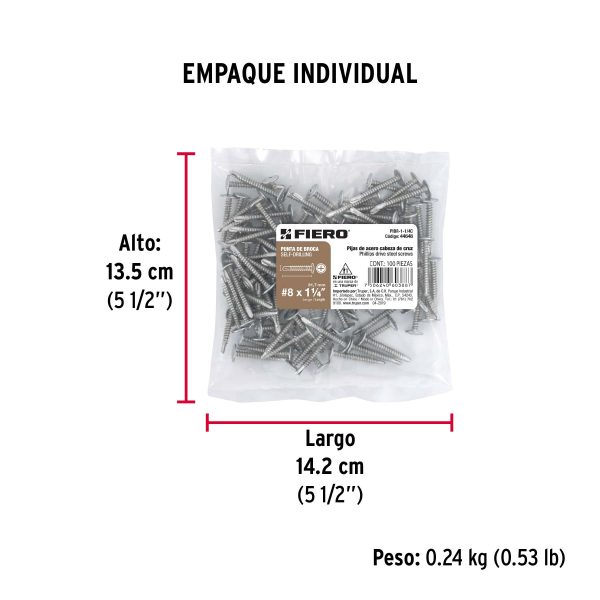 Bolsa con 100 pijas cabeza cruz, punta de broca 1-1/4"