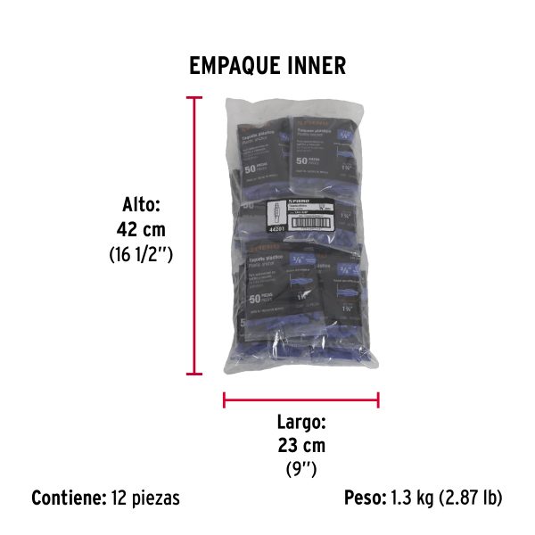 Bolsa con 50 taquetes de plástico 3/8", Fiero
