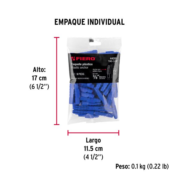 Bolsa con 50 taquetes de plástico 3/8", Fiero