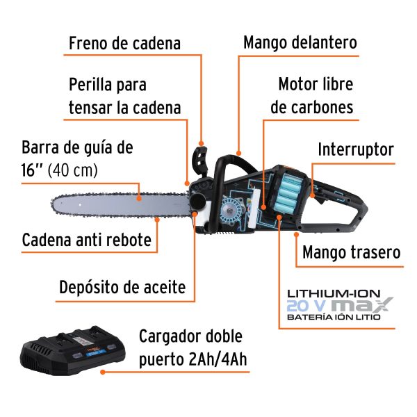 Motosierra inalámbrica 40V, sin carbones, TRUPER MAX