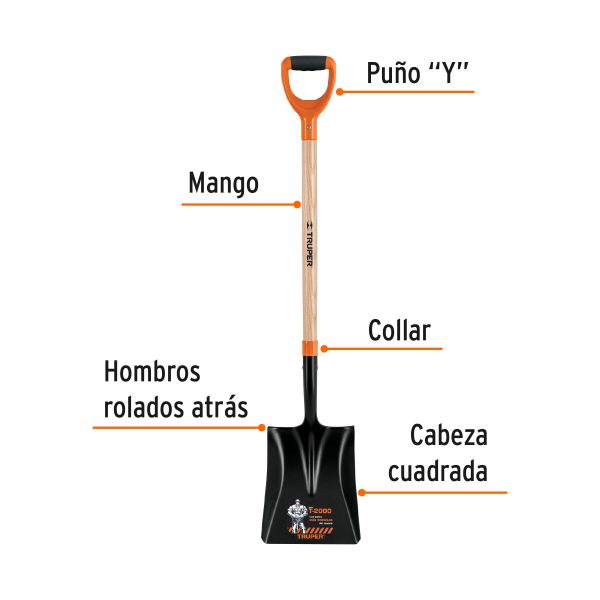 Pala cuadrada T-2000, puño offset "Y", mango 36", Truper