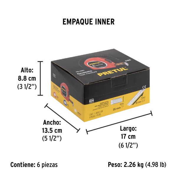 Flexómetro 8 m cinta 25 mm, caja expositora con 6 pzas, PRETUL