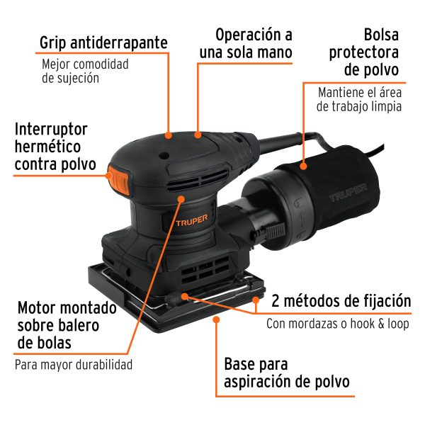 Lijadora orbital 1/4 hoja, 300W, TRUPER INDUSTRIAL