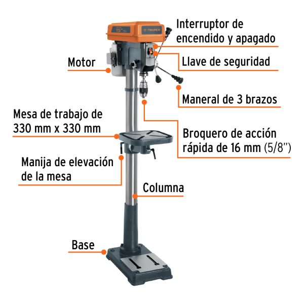 Taladro de piso 15", 1 HP (750 W), broquero 5/8", Truper