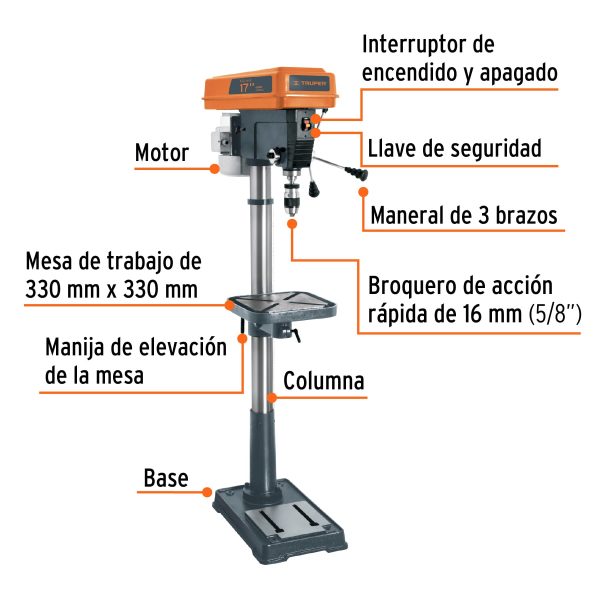 Taladro de piso 17", 1-1/2 HP (1200 W), broquero 5/8",Truper