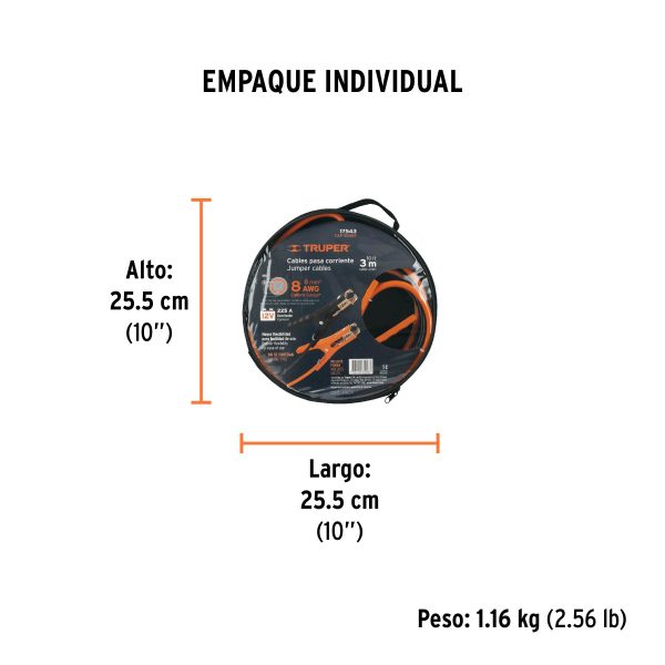 Cables pasa corriente 3 m, 225 A, 8 AWG, con funda, Truper