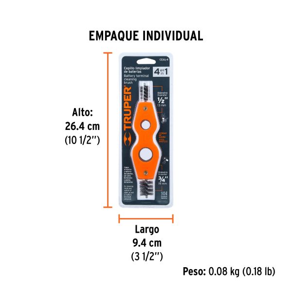 Cepillo limpiador de terminales de baterías, 4 en 1, Truper