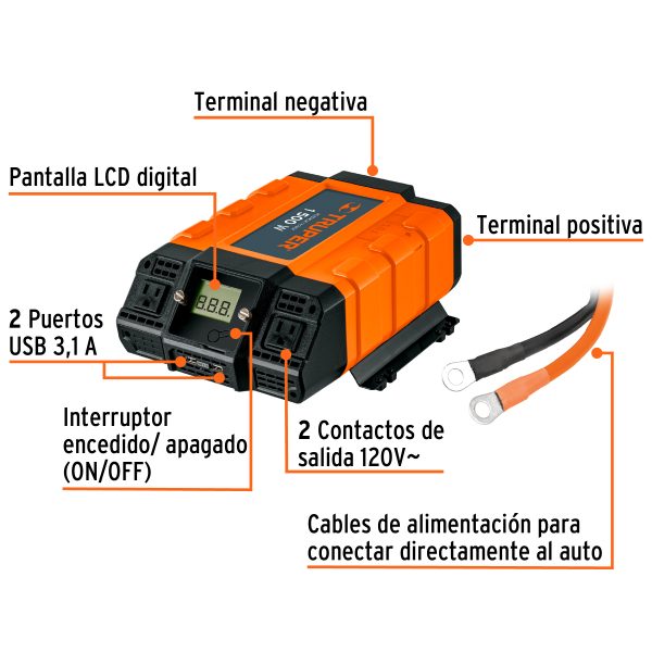 Inversor de corriente de 1500 W con puertos USB, Truper