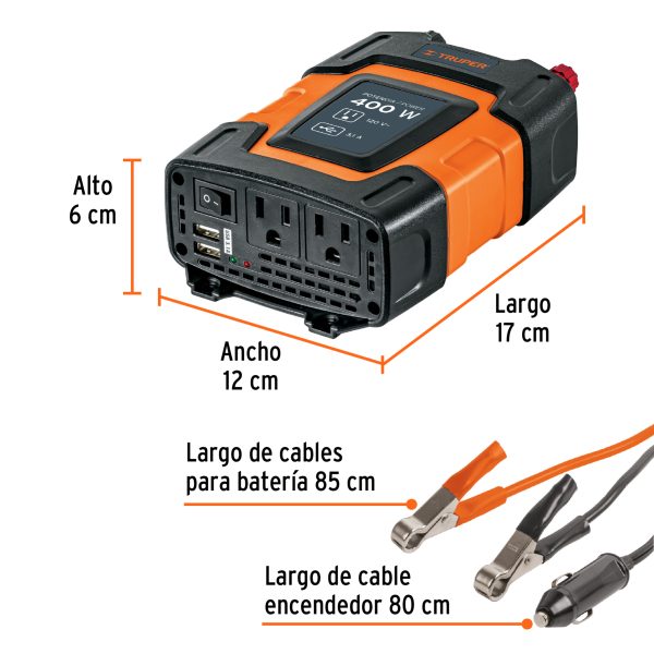 Inversor de corriente de 400 W con puertos USB, Truper