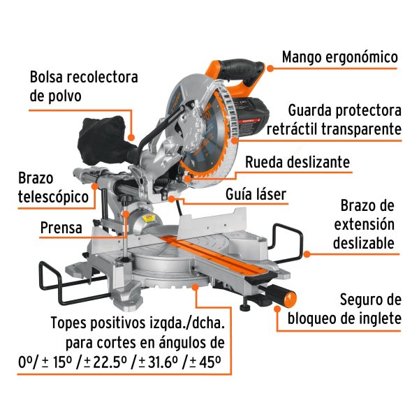 Sierra de inglete 10", 1900W telescópica compuesta, TRUPER