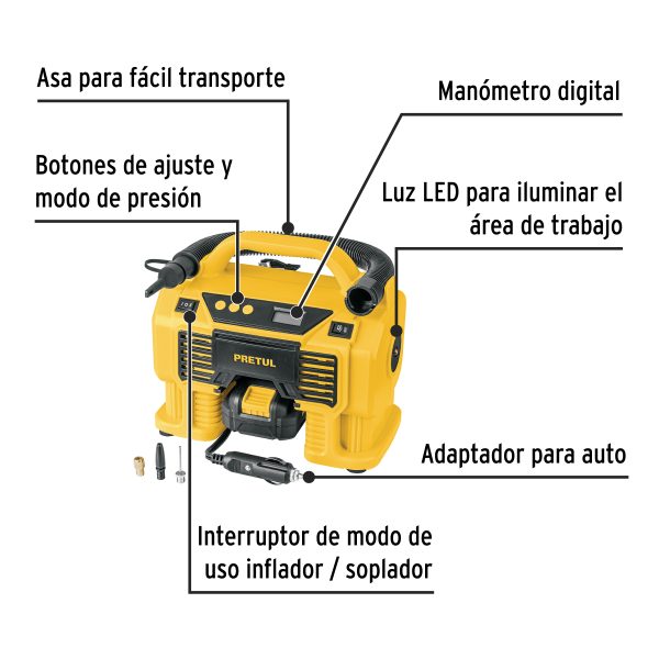 Inflador/soplador para auto, 20V, 1 batería 2Ah, PRETUL