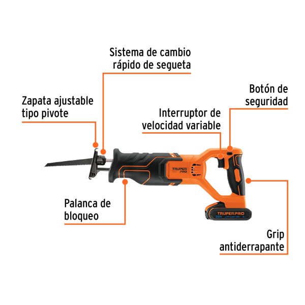 Sierra sable, 20V, 1 batería 2Ah, TRUPER PRO