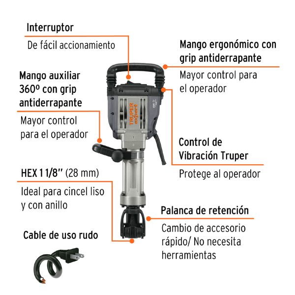 Martillo demoledor HEX 20 kg, 55J, 1600W, TRUPER EXPERT